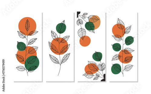 Abstract geometric, natural shapes poster set in mid century style. Modern illustration: tropical palm leaf, geo elements for minimalist print, poster, boho wall decor, flat design Vector minimal art
