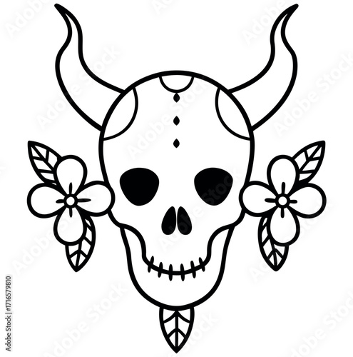 Dark demon horned skull illustration with fiery accents