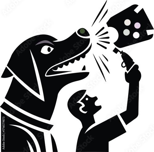 Person spraying a dog with a spray bottle and a can with colorful dots vector illustration