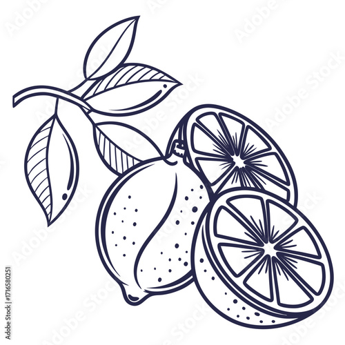 Illustration of lemons and leaves in line art