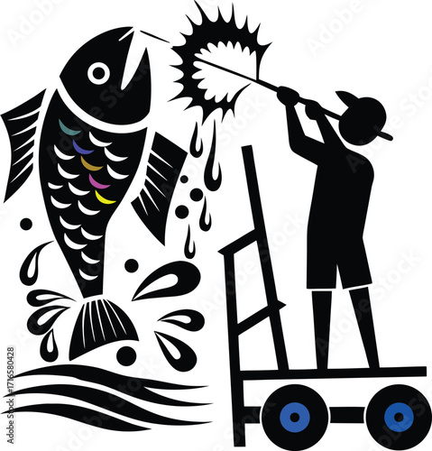 Silhouette of a man on a cart spearing a large colorful fish jumping from water fishing