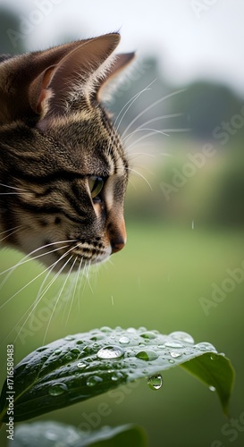 Close up profile of a tabby cat's face with intense green eyes looking down at a dewy green leaf