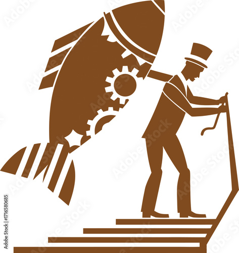 Steampunk man with a mechanical fish on stairs gears