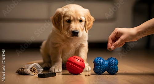 Golden retriever puppy with toys and treats hand offering a small dog biscuit