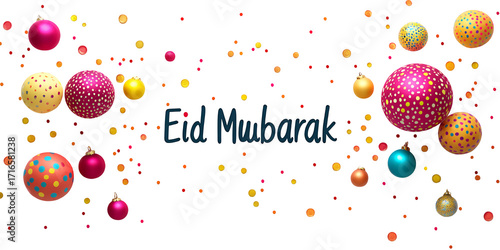 Festive eid mubarak greeting with ornate spheres and sparkling lights isolated on transparent background