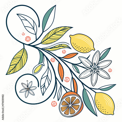 Decorative illustration of lemons, leaves, and flowers