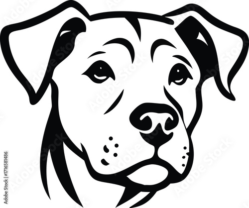 Stylized Black and White Line Art Drawing of a Dog's Face with Expressive Eyes and Floppy Ears Keywords: dog, head, face, portrait, animal, pet, canine, black and white, line art, drawing