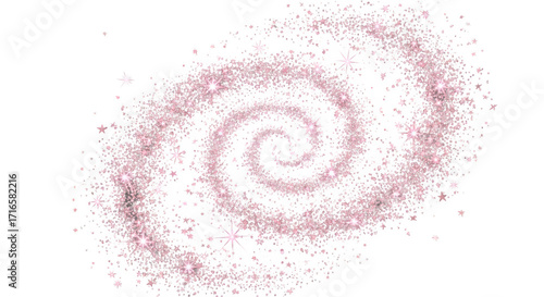 Whimsical pink spiral galaxy sparkles against a deep black cosmic background