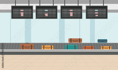 Airport Baggage Claim with Suitcases on Conveyor Belt and Arrival Departure Boards Travel Transportation Concept Illustration for Website or Presentation Design