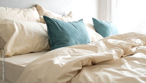 Beige bedding with teal pillows