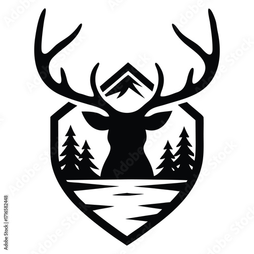 Black silhouette of a deer head with antlers and a forest scene