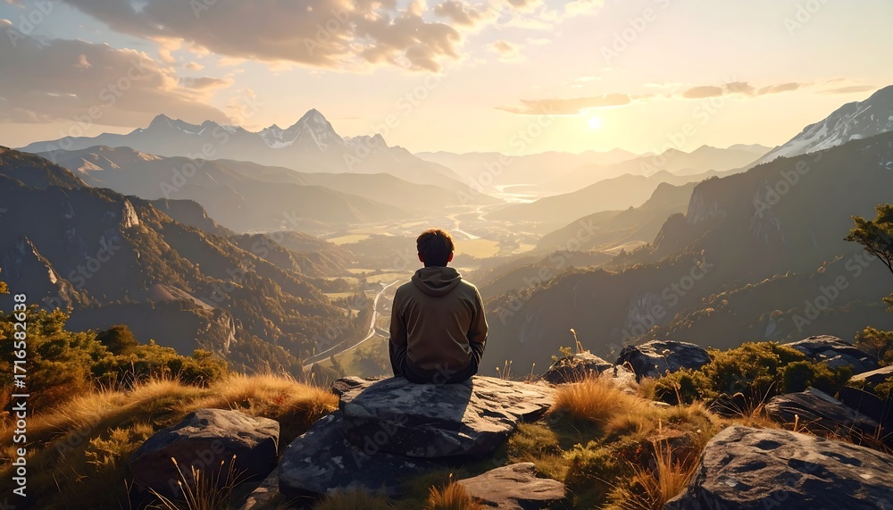 Fototapeta premium A contemplative figure sits atop a mountain peak, gazing at a vast valley bathed in the golden light of a serene sunrise.