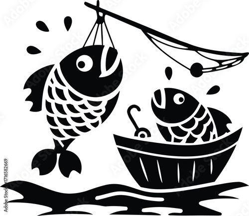 Two stylized fish, one caught on a fishing line, the other in a boat on water vector illustration