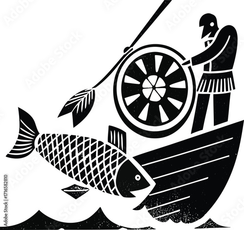 Woodcut Style Illustration of a Fisherman in a Boat Spearing a Large Fish Amidst Waves Keywords: fisherman, fishing, boat, spearfishing, fish, ocean, sea, water, waves, woodcut, illustration