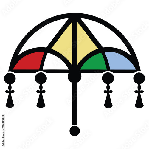 Colorful umbrella with black handle and dangling figures
