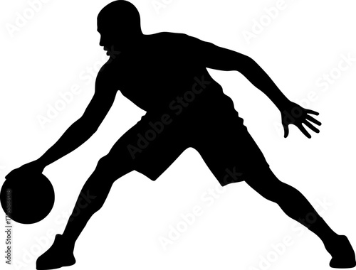 Basketball player dribbling ball across body in crossover move, low stance, side profile silhouette
