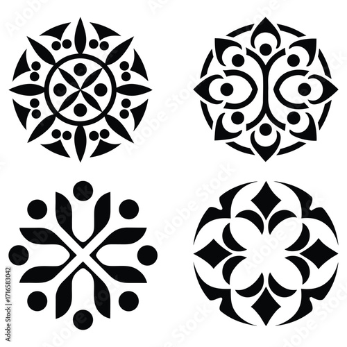 Four black abstract circular ornamental designs on white background