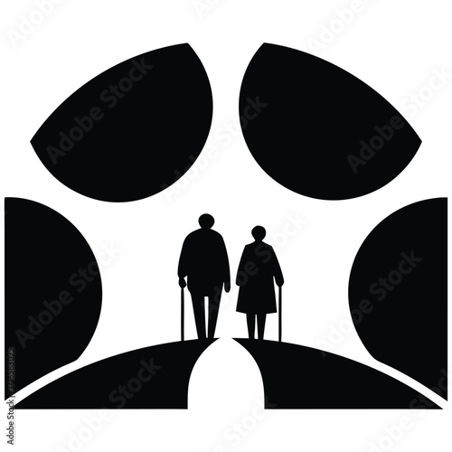 Silhouette couple with canes standing on abstract path
