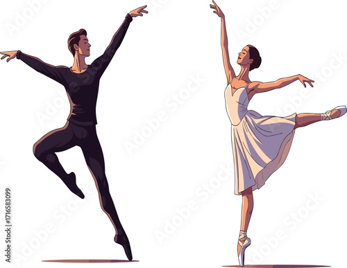 Ballet dancers performing elegant pose, male leaping in dark costume, female en pointe in white dress, graceful movement, stage art, performance
