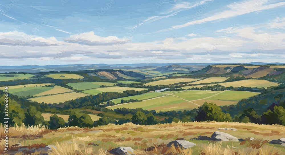 Fototapeta premium Rolling hills and fields under a partly cloudy sky landscape