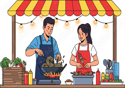 Street food stall with canopy, chefs cooking noodles and skewers, colorful market scene, outdoor dining, culinary culture, night lights, vibrant atmosphere