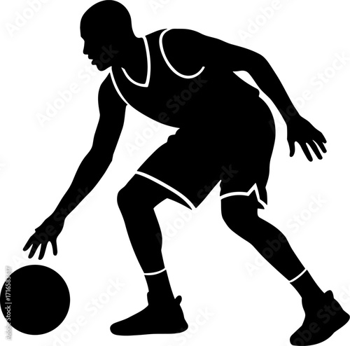 Basketball player dribbling ball low with one hand, leaning forward slightly, solid black silhouette