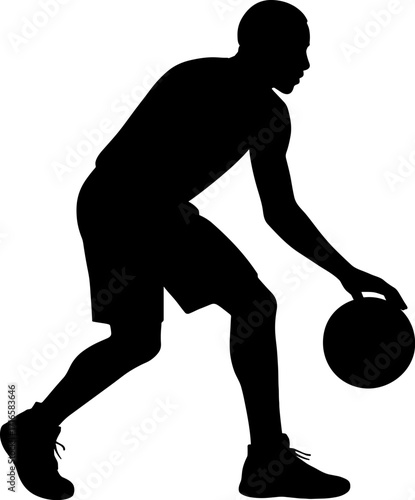 Basketball player dribbling ball low with one hand, leaning forward slightly, solid black silhouette