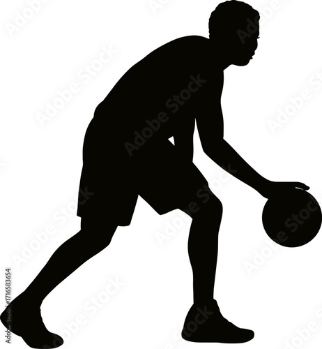 Basketball player dribbling ball low with one hand, leaning forward slightly, solid black silhouette