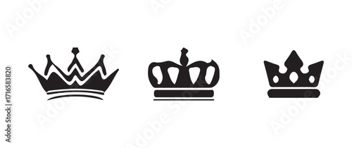 Crown icon set, set of three  silhouettes of crowns isolated, classic king and queen emblems, royal crown symbol collection,  vector illustration EPS 10.
