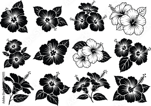 Hibiscus flower silhouette grid, twelve floral designs, black and white botanical illustration, tropical bloom set, nature icon, petal artwork, white background