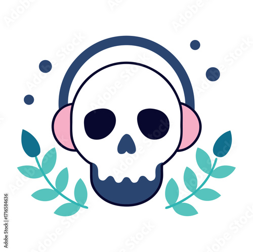 Illustration of a skull wearing headphones suitable for music events and advertising