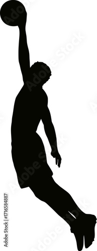 Basketball player leaping high for slam dunk, arm extended holding ball silhouette