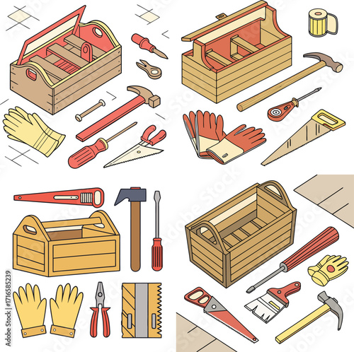 worker tool and tools box icon set 