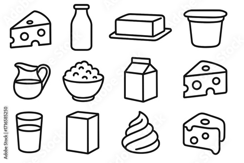 Dairy Icons Collection. Line style icons of dairy products: cheese wedge, milk bottle, butter block, yogurt cup; cream container,