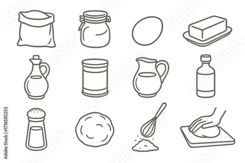 Baking Ingredients Line Icons. Line style icons of baking ingredients: flour bag, sugar jar, egg, butter stick; oil bottle, baking