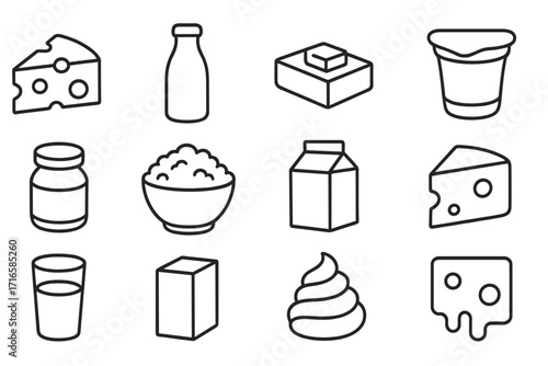 Dairy Icons Collection. Line style icons of dairy products: cheese wedge, milk bottle, butter block, yogurt cup; cream container,