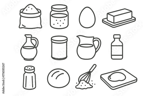 Baking Ingredients Line Icons. Line style icons of baking ingredients: flour bag, sugar jar, egg, butter stick; oil bottle, baking