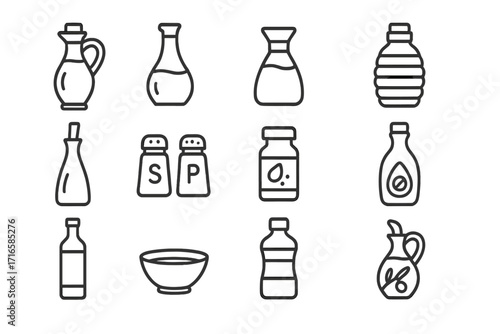 Line Style Kitchen Icons. Line style icons of kitchen liquids and seasonings: oil bottle, vinegar jar, soy sauce, honey bottle;