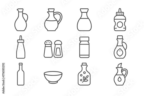 Line Style Kitchen Icons. Line style icons of kitchen liquids and seasonings: oil bottle, vinegar jar, soy sauce, honey bottle;