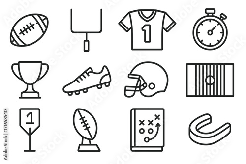 Football Essentials Icons. Line style icons of American football essentials: football ball, goalpost, team jersey, game timer;