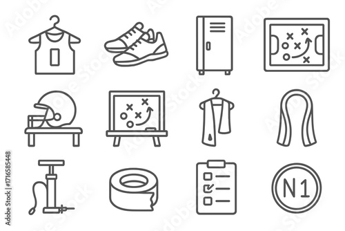 Locker Room Essentials. Line style icons of pre-game and locker room: jersey on hanger, game shoes, locker, play sheet; helmet on