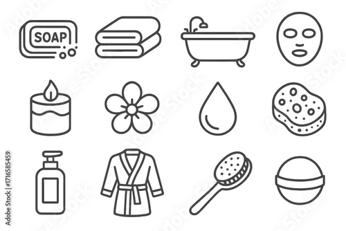 Spa Essentials Icons. Line style icons of bathroom and spa essentials: bar of soap, folded towel, bathtub, facial mask; scented