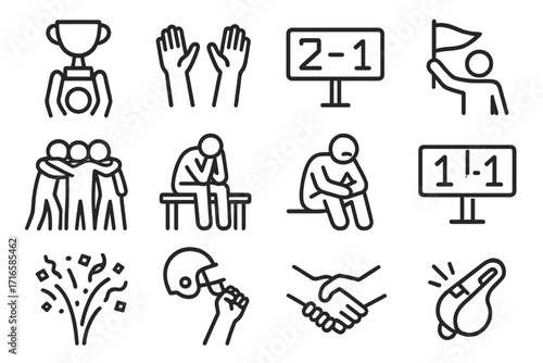 Victory and Defeat Icons. Line style icons of victory and defeat symbols: trophy lift, winner hands, scoreboard win, champion flag
