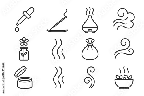 Aromatherapy Icon Collection. Line style icons of aromatherapy and scent: essential oil dropper, incense stick, aroma diffuser,