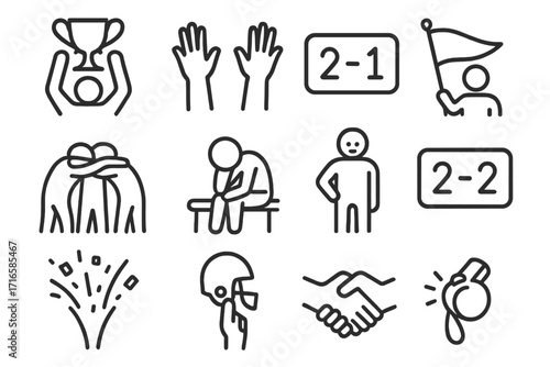 Victory and Defeat Icons. Line style icons of victory and defeat symbols: trophy lift, winner hands, scoreboard win, champion flag