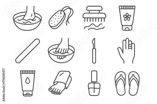 Spa Icons Collection. Line style icons of foot and hand spa: foot bath bowl, pumice stone, toenail brush, scrub cream; nail file,