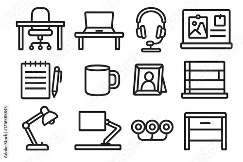Minimalist Workspace Icons. Line style icons of employee workspace: desk with chair, laptop on table, headset on stand, notepad on