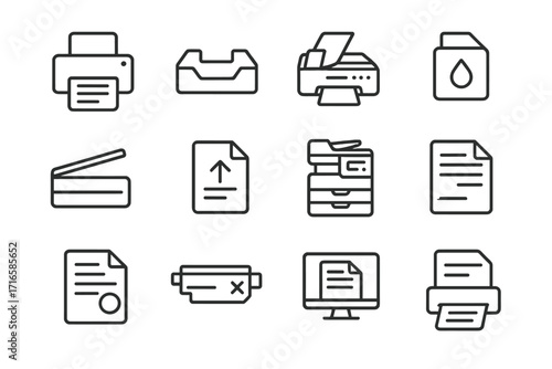 Printing and Scanning Icons. Line style icons of printing and scanning: printer, paper tray, document feeder, ink cartridge; scan
