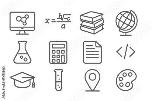 Academic Icons Collection. Line style icons of academic subjects: science screen, math formula, book stack, world globe; lab flask