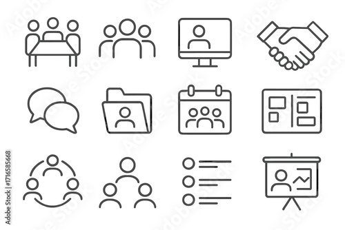 Teamwork Icon Set. Line style icons of teamwork and collaboration: meeting table, group icon, shared screen, handshake symbol;